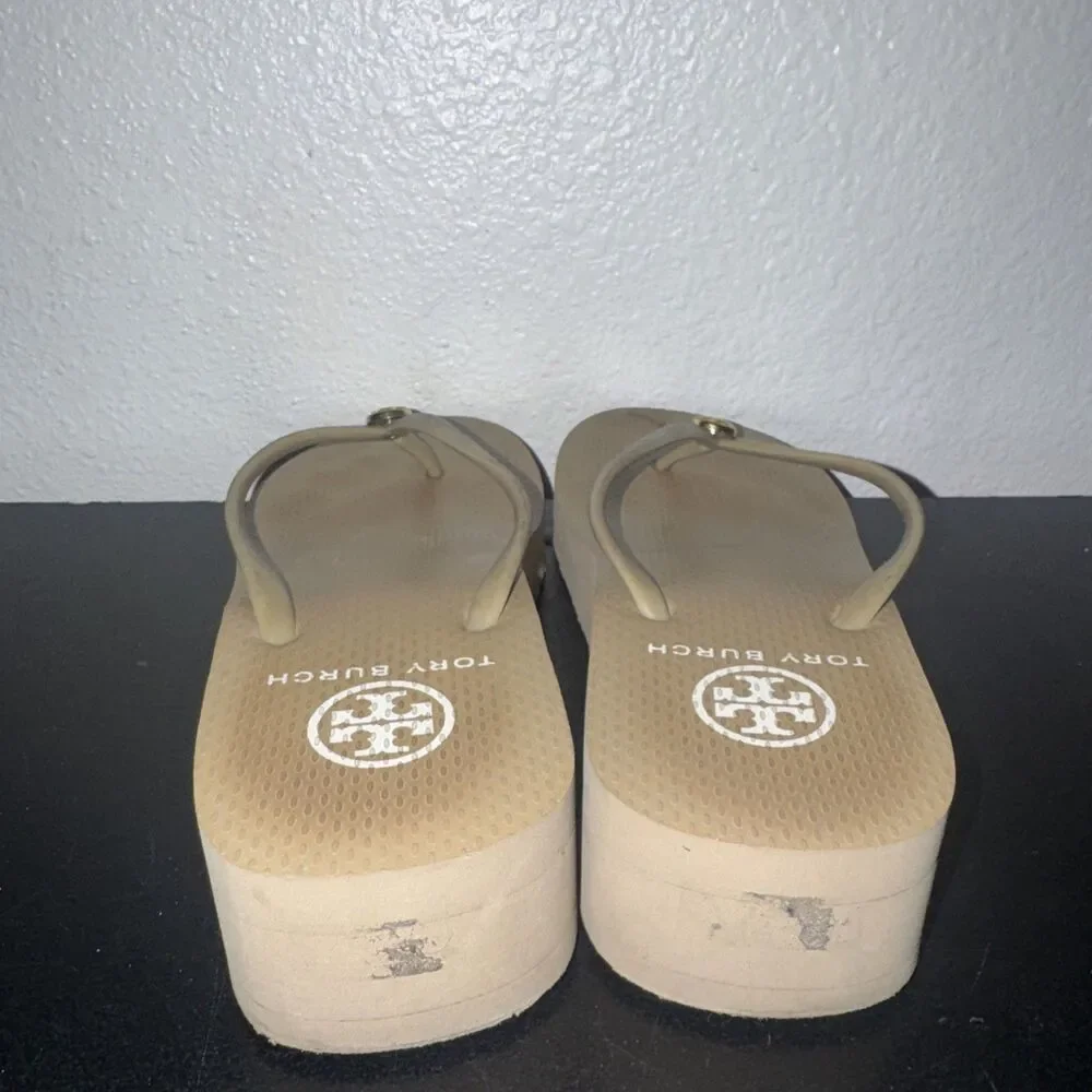 Tory Burch Logo Platform Wedge Flip Flop Sandals Women 7.5 Beige Thong Beach